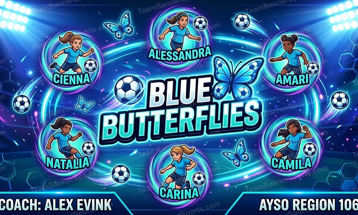 Blue Butterflies soccer team banner created with AI